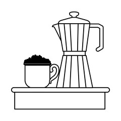 porcelain mug with pile coffee beans and metallic jar of coffee with handle monochrome silhouette vector illustration