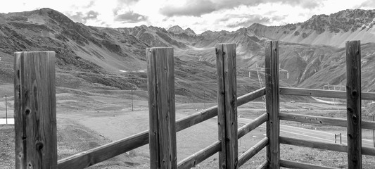 Stelvio peak panorama. Black and white photo