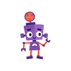 vector flat cartoon funny friendly robot. Small Humanoid boy character with legs arms, bolt ears with locator on head smiling. Isolated illustration on a white background. Childish futuristic android.