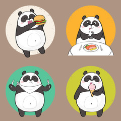 Set of cute panda bear stickers having food. Cartoon panda character