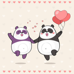 Cute couple of pandas in love. Happy Valentines Day card with panda bears.