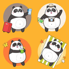 Set of cute panda bear character on summer vacation. Summer holiday theme. Vector illustration