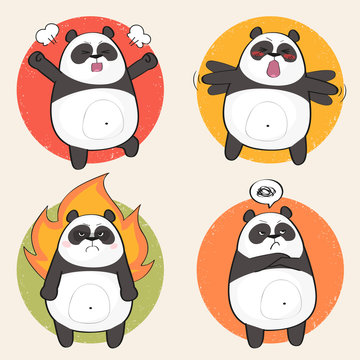 Set of cute panda bear stickers in various poses. Angry cartoon panda character