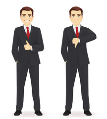 Businessman showing thumbs up and down vector illustration sey