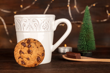 Cookie, hot chocolate, Christmas tree, and copy space