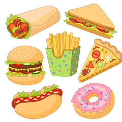 Vector burger pizza slice, roll doner kebab potato fry sandwich donut set. Fast food flat cartoon isolated illustration on a white background.