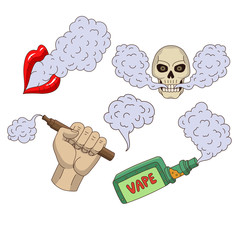 Set of vaping elements and symbols - smoke, skull, vaporizer, e-cigarette, cartoon vector illustration isolated on white background. Vaping - hand holding e-cigarette, vaporizer, smoking lips, skull