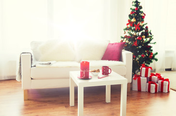living room interior with christmas tree and gifts