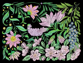 Abwaschbare Fototapete Embroidery imitation with spring magnolia,  sakura,  lilac,  vib © Elen  Lane