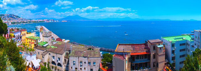 Panorama of Naples, view of the port in the Gulf of Naples, Mount Vesuvius and Capri island. The province of Campania. Italy.