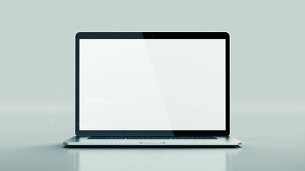 Moderner Laptop bewegt sich drehend auf die Kamera zu und öffnet sich dabei