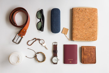 Men's accessories and essential travel items on white background, flat lay fashion and beauty concept