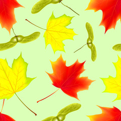 Seamless pattern with autumn maple falling leaves on isolated green background. Falling leaves. Vector illustration
