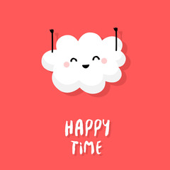 Cute cloud raises hands up and smiles on red background. Happy Time. Vector cartoon card.