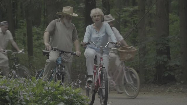 Eldery people enjoys a riding on bicycles in park - slog3 scene