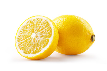 Lemon fruit isolated on white background. Whole fruit and half 