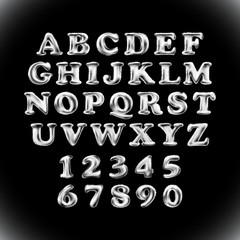 English alphabet and numerals from silver balloons on a white background. holidays and education