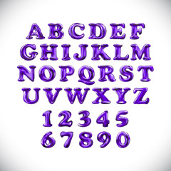 English alphabet and numerals from purple, violet balloons on a white background. holidays and education