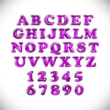 English alphabet and numerals from pink balloons on a white background. holidays and education