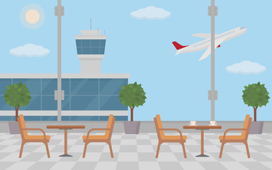 Fototapeta na wymiar Background of hall at airport with empty coffee tables. Flat style, vector illustration. 