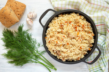 The pilaf. Rice cooked with vegetables and meat. The view from the top