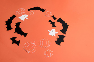 Frame of haloween symbols on red background for logo and text