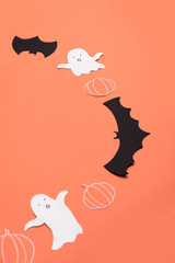 Frame of haloween symbols on red background for logo and text