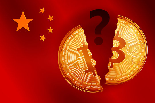 Split golden bitcoin coin symbol with question mark on the China flag. Crypto currency golden coin bitcoin symbol on China flag background.