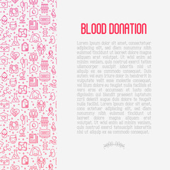 Blood donation concept with thin line icons and place for text. World blood donor day. Vector illustration for web page, banner, print media.