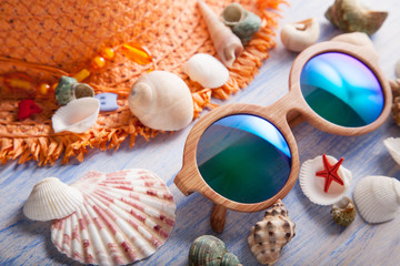 beach accessories glasses hat cockleshells