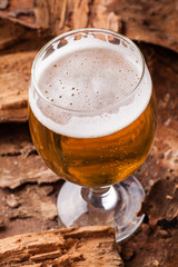 Light beer on bark