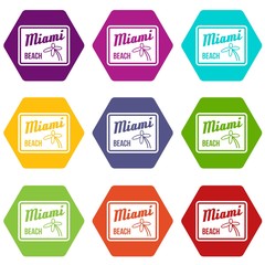 Obraz premium Miami beach icon set color hexahedron