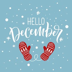 Holiday greeting card with handwritten modern lettering "Hello, December". © Daria