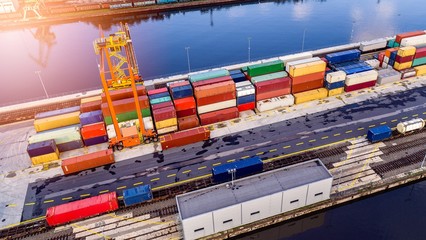 Aerial view on containers in cargo terminal