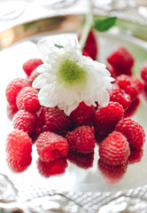 Garden raspberry and chrysanthemum flower on a silver tray. Blurred bokeh effect. Diet, care, health. Beautiful breakfast for posters, prints, design, covers, menu, cafe, wedding cards, invitations.