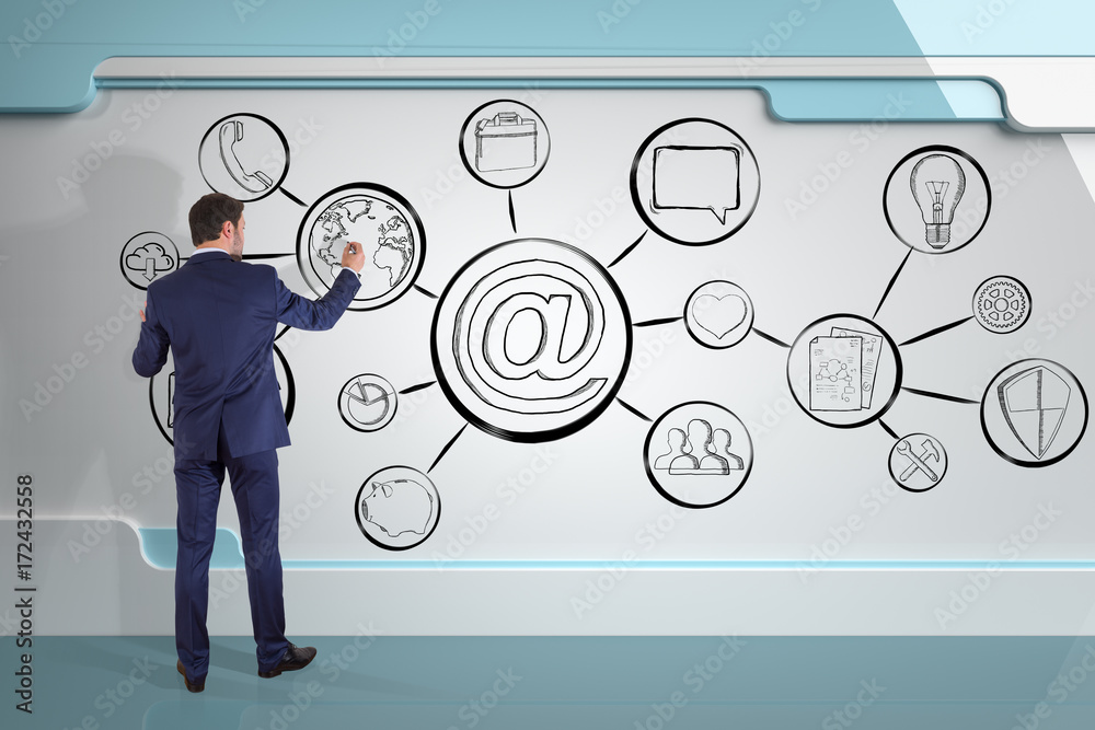 Poster Businessman drawing multimedia interface sketch on a board 3D rendering