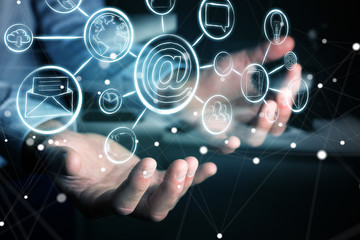 Businessman holding multimedia hand-drawn interface