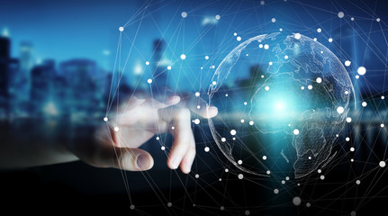 Businessman using flying earth network interface 3D rendering