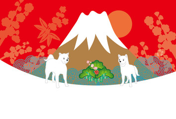 Naklejka premium 白い犬と富士山と梅の花のグリーティングカード