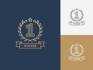 Linear winner emblem with number 1, wreath and ribbon. - obrazy, fototapety, plakaty