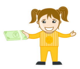 Funny Kid Girl Presenting Money