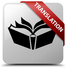 Translation white square button red ribbon in corner