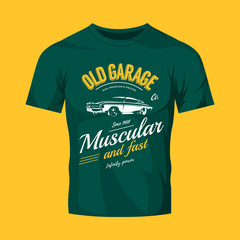 Vintage muscle car vector logo concept isolated on green t-shirt mock up.