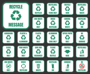recycle label symbols set with warning messages