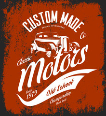Vintage custom hot rod motors vector logo concept isolated on red background. - obrazy, fototapety, plakaty