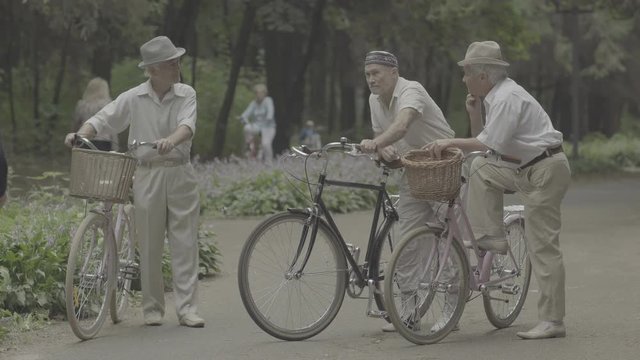 Senior people conversate about the passing woman in park - slog3 scene