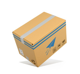 Concept of delivery of parcels. Box made of corrugated cardboard on a white background. 3D illustration