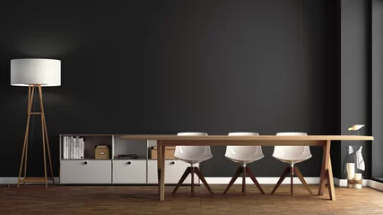 Foto op Plexiglas Esszimmer mit großem Holztisch vor dunkelgrauer Wand © lightcache