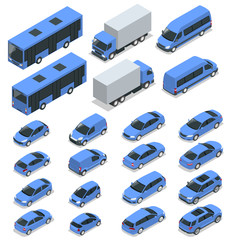 Obraz premium Flat isometric high quality city transport car icon set. Car, van, cargo truck, off-road, bike, mini, sport car. Transport set. Set of urban public and freight transport for infographics