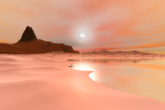 Sunset, a polar landscape, snow on the ground, a mountain with a rocky peak, reflection on water and a dream in the sky. 